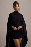 Damia Black High-Neck Mini Dress With Asymmetric Cape