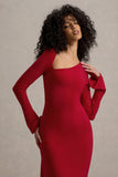 Serenita Red Asymmetric Long-Sleeve Midi Dress