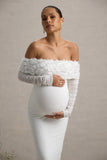 Adita White Mesh Floral Bardot Maternity Midi Dress