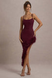 High Status Burgundy Strappy Corset Asymmetric Maxi Dress With Feather Trim