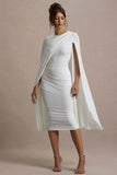 Marysol White Asymmetric Cape Midi Dress