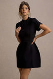 Carabella Black High-Neck Short-Sleeve Mini Dress