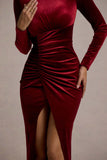 Jaz Berry Velvet High-Neck Gathered Split Maxi Dress