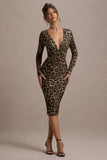 Vernazza Brown Animal Print Deep Plunge Midi Dress