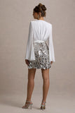 Norah White Chiffon Plunge-Neck Wrap Mini Dress With Sequin Skirt