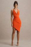 Vivia Orange Plunge-Neck Ruched Mini Dress