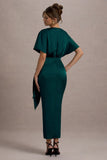Mika Bottle Green Satin Short-Sleeve Wrap Maxi Dress