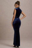 Abilene Navy Velvet High-Neck Split Maxi Dress