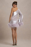 Free Soul Lilac Sequin One-Shoulder Feather Trim Mini Dress