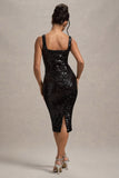 Sweet Spark Black Sequin Square-Neck Midi Dress