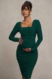 New Life Bottle Green Maternity Square Neck Ruched Midi Dress