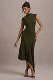 Ondine Khaki Asymmetric Draped Midi Dress