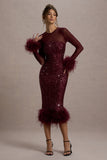 Afterglow Port Sequin Long-Sleeve Midi Dress With Feather Trims