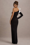 Philomena Black One-Sleeve Split Maxi Dress With White Bow