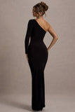 Doll Black Asymmetric One Sleeve Ruched Maxi Dress