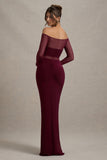 Cover Star Burgundy Mesh Bardot Long-Sleeve Draped Maxi Dress