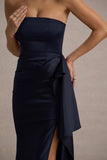 Loz Navy Satin Bandeau Draped Maxi Dress
