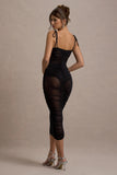 Jesi Black Mesh Ruched Midi Dress With Ruffles