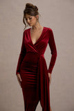 Arcadia Berry Velvet Plunge-Neck Wrap Midi Dress