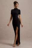 Claudetta Black High-Neck Short-Sleeve Split Maxi Dress