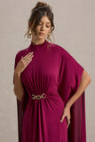 Olessia Burgundy Belted Gathered Cape-Sleeve Maxi Dress