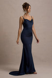 Made With Love Navy Satin Strappy Fishtail Maxi Dress