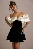 Brynne Black & Cream Velvet Mini Dress With Satin Puff Sleeves