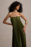 Bergamot Olive Satin Sweetheart Maxi Dress