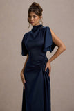 Audley Navy Satin High-Neck Flutter-Sleeve Maxi Dress