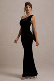 Jillian Black Velvet Asymmetric Maxi Dress With Bow Strap
