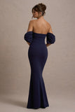 Alaine Navy Bardot Maxi Dress With Bow Sleeves