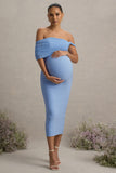 Jen Powder Blue Bardot Twisted Maternity Midi Dress