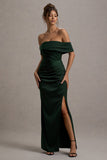 Martine Bottle Green Satin Bardot Wrap Maxi Dress