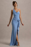 Lucena Powder Blue Cowl-Neck Wrap Maxi Dress With Floral Drape