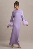 Adella Lilac Satin Feather-Trim Maxi Dress