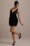 Flirt Black Plunge Front Mini Dress With Feather Skirt