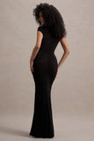 Lorenza Black High-Neck Ruched Maxi Dress With Draped Skirt