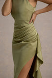 Maureen Light Green Satin High-Neck Draped Maxi Dress