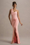Lucena Pink Cowl-Neck Wrap Maxi Dress With Floral Drape
