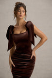 Tarna Brown Velvet Midi Dress With Bow Straps