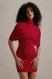 Perdi Red Bodycon Mini Dress With Twisted Cape