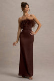 Dress For It Brown Satin Feather Trim Bandeau Maxi Dress