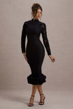 Chandra Black Mesh Long-Sleeve Midi Dress With Ruffle Hem