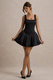 Bramble Black Satin Square-Neck Puffball Mini Dress