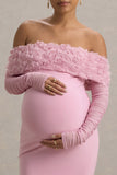 Adita Blush Pink Mesh Floral Bardot Maternity Midi Dress