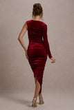 Northern Light Berry Velvet Asymmetric One-Sleeved Midi Dress