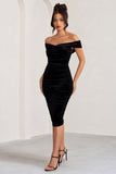 Gratitude Black Velvet Off The Shoulder Ruched Midi Dress