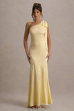 Here For Love Lemon Satin Asymmetric Maxi Dress With Bow