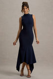 Janice Navy High-Neck Hanky-Hem Maxi Dress