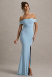 Law of Attraction Powder Blue Bardot Draped Split Maxi Dress